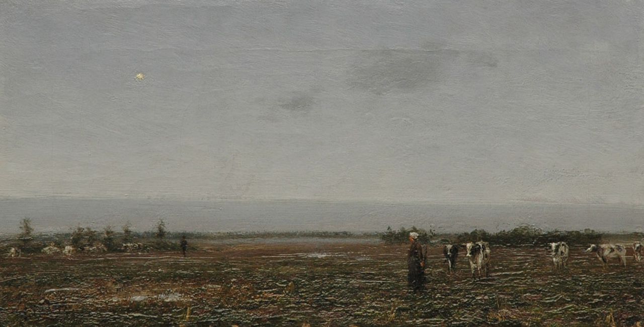 Pieters E.  | Evert Pieters, Herderin met koeien in weidelandschap, olieverf op doek 18,8 x 36,0 cm, gesigneerd linksonder