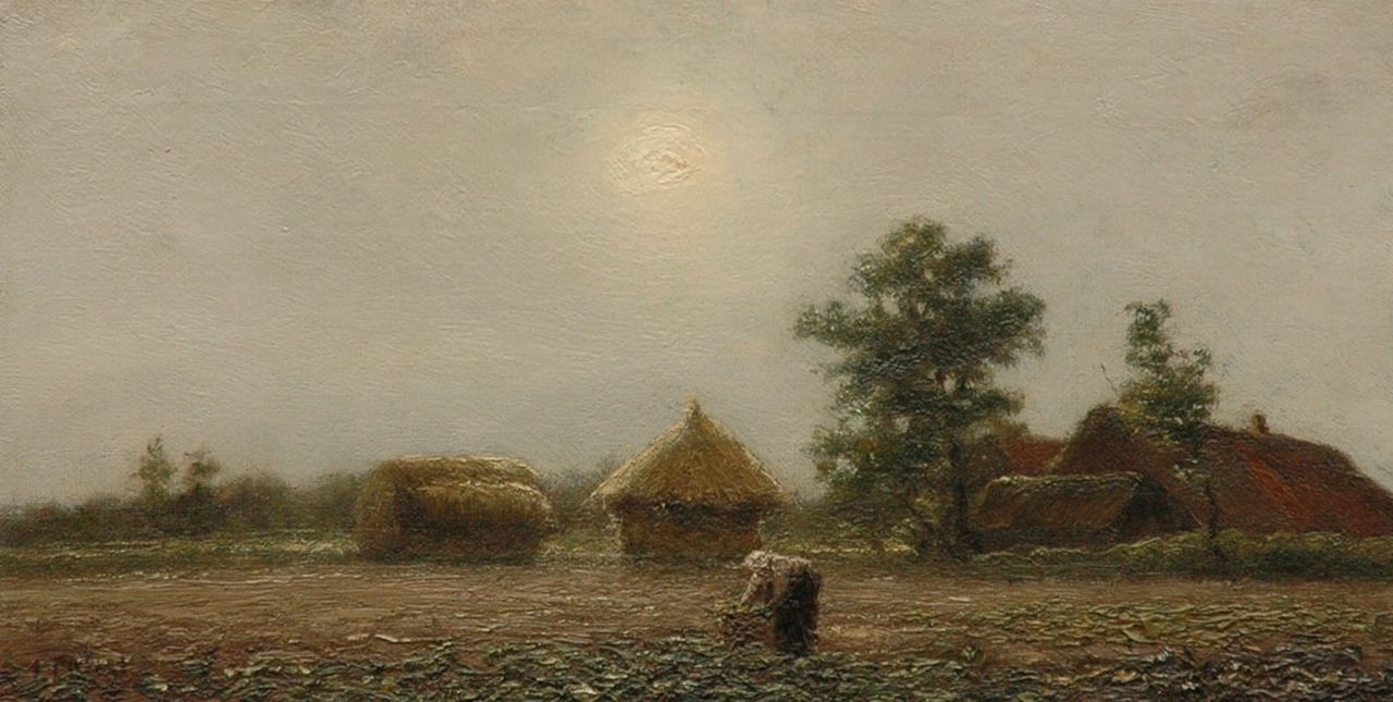 Pieters E. | Evert Pieters, Boerin in een koolveld, Vlaanderen, olieverf op doek 18,7 x 36,2 cm, gesigneerd linksonder Pieters E. | Evert Pieters, Boerin in een koolveld, Vlaanderen, olieverf op doek 18,7 x 36,2 cm, gesigneerd linksonder