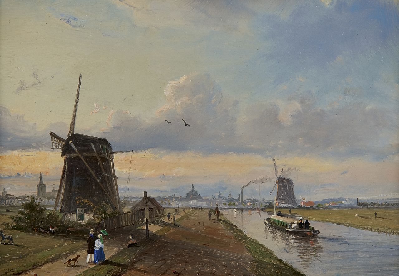 Heppener J.J. | Johannes Jacobus 'Jan' Heppener, De Vliet met zicht op Den Haag met stoomtrein rechts, olieverf op paneel 14,4 x 20,7 cm Heppener J.J. | Johannes Jacobus 'Jan' Heppener, De Vliet met zicht op Den Haag met stoomtrein rechts, olieverf op paneel 14,4 x 20,7 cm