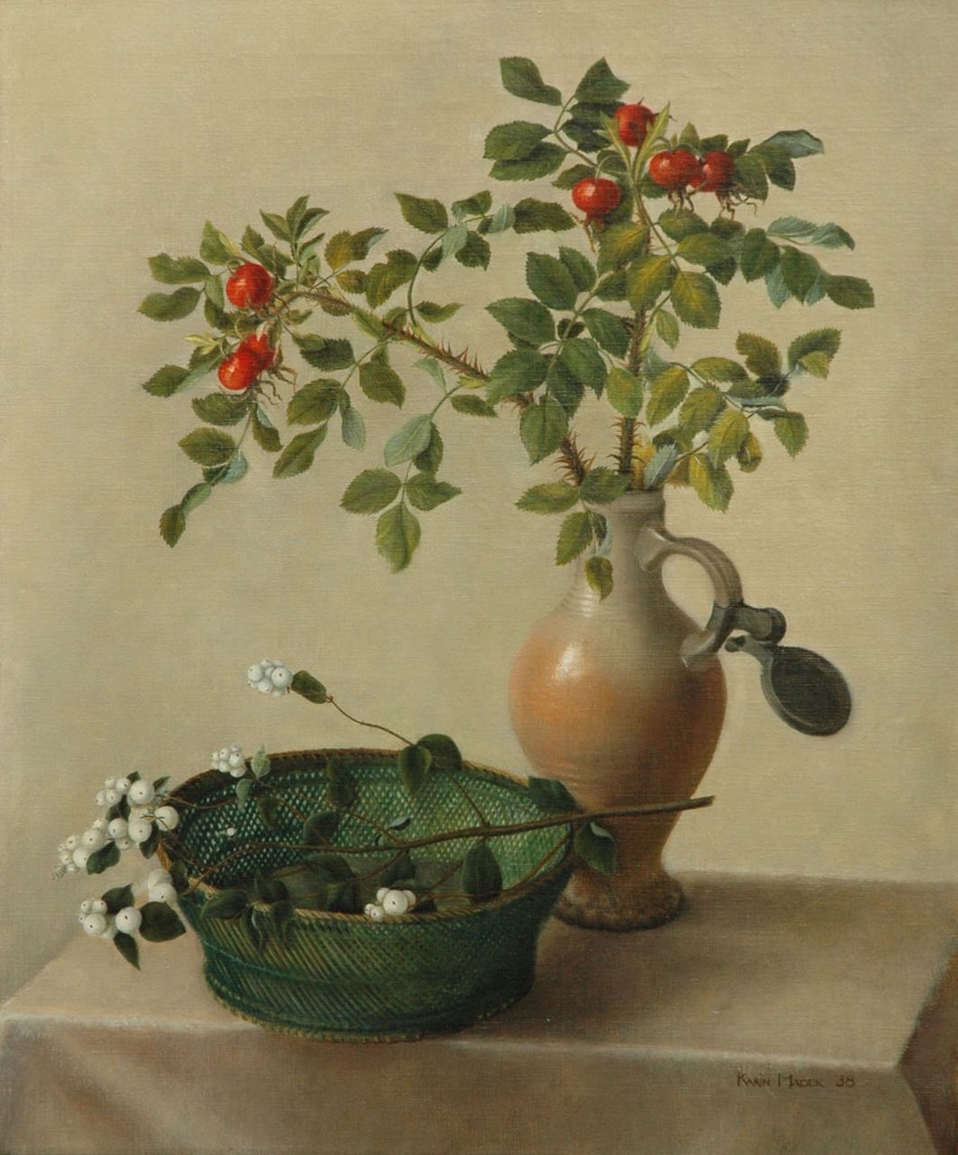 Mader K.M.  | Katharina Margareta 'Karin' Mader, Stilleven met bessen en rozenbottels, olieverf op doek 60,2 x 50,3 cm, gesigneerd rechtsonder en gedateerd '38