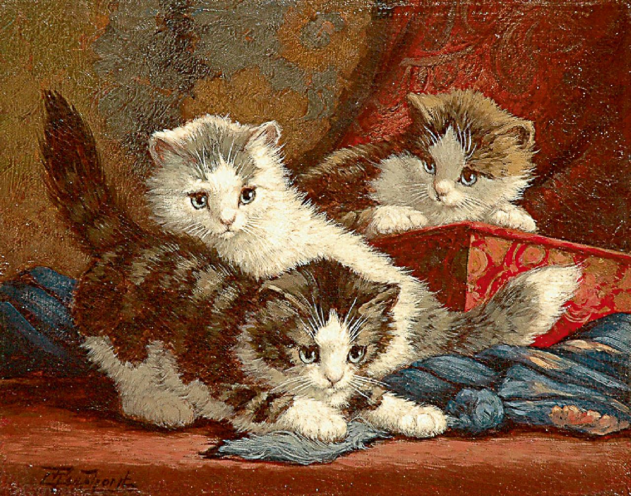 Raaphorst C. | Cornelis Raaphorst, Drie spelende katjes, olieverf op doek 24,5 x 30,7 cm, gesigneerd linksonder Raaphorst C. | Cornelis Raaphorst, Drie spelende katjes, olieverf op doek 24,5 x 30,7 cm, gesigneerd linksonder