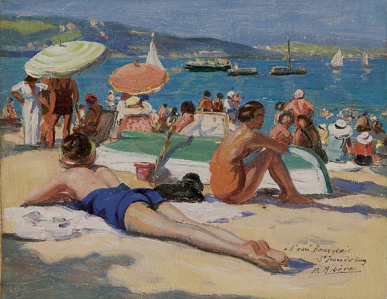 Ribera P.  | Pedro 'Pierre' Ribera, Zonnen op het strand van Saint-Jean-de-Luz, olieverf op board 14,0 x 18,0 cm, gesigneerd rechtsonder