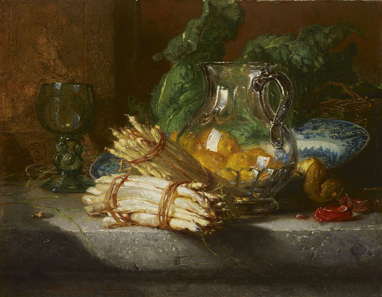 Vos M. | Maria Vos, Stilleven met asperges en citroenen, olieverf op paneel 24,6 x 32,1 cm, gesigneerd linksonder en verso op etiket en gedateerd 1877 Vos M. | Maria Vos, Stilleven met asperges en citroenen, olieverf op paneel 24,6 x 32,1 cm, gesigneerd linksonder en verso op etiket en gedateerd 1877