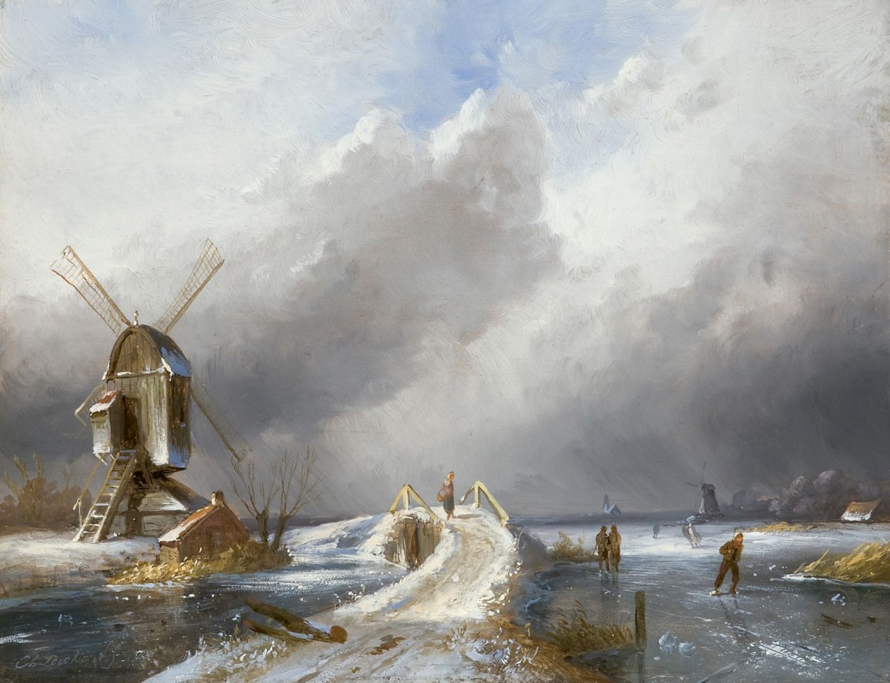 Leickert C.H.J. | 'Charles' Henri Joseph Leickert, IJsgezicht bij naderende sneeuwstorm, olieverf op paneel 20,8 x 27,0 cm, gesigneerd linksonder Leickert C.H.J. | 'Charles' Henri Joseph Leickert, IJsgezicht bij naderende sneeuwstorm, olieverf op paneel 20,8 x 27,0 cm, gesigneerd linksonder