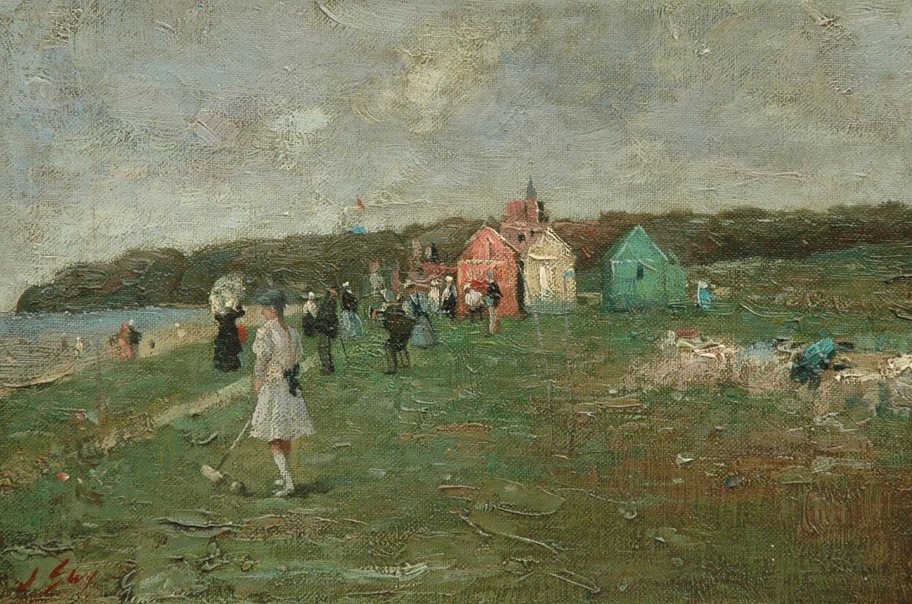 Engelse School | Croquet spelers in de duinen bij het strand, olieverf op doek op paneel, 20,5 x 30,6 cm, gesigneerd l.o. 'J. Guy' Engelse School | Croquet spelers in de duinen bij het strand, olieverf op doek op paneel, 20,5 x 30,6 cm, gesigneerd l.o. 'J. Guy'