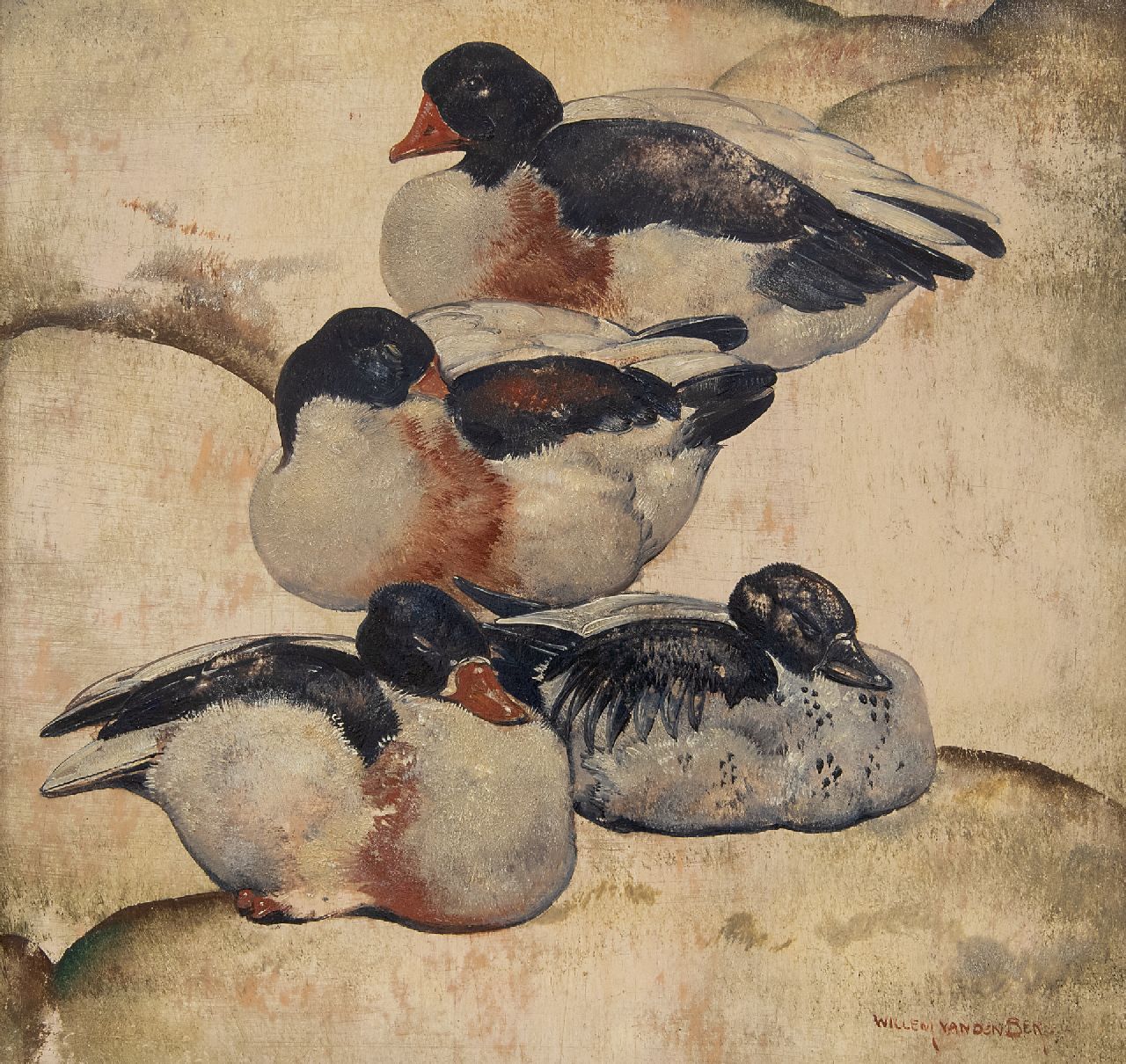 Berg W.H. van den | 'Willem' Hendrik van den Berg | Schilderijen te koop aangeboden | Vier eenden, olieverf op paneel 26,4 x 27,5 cm, gesigneerd rechtsonder en verso gedateerd October 1935
