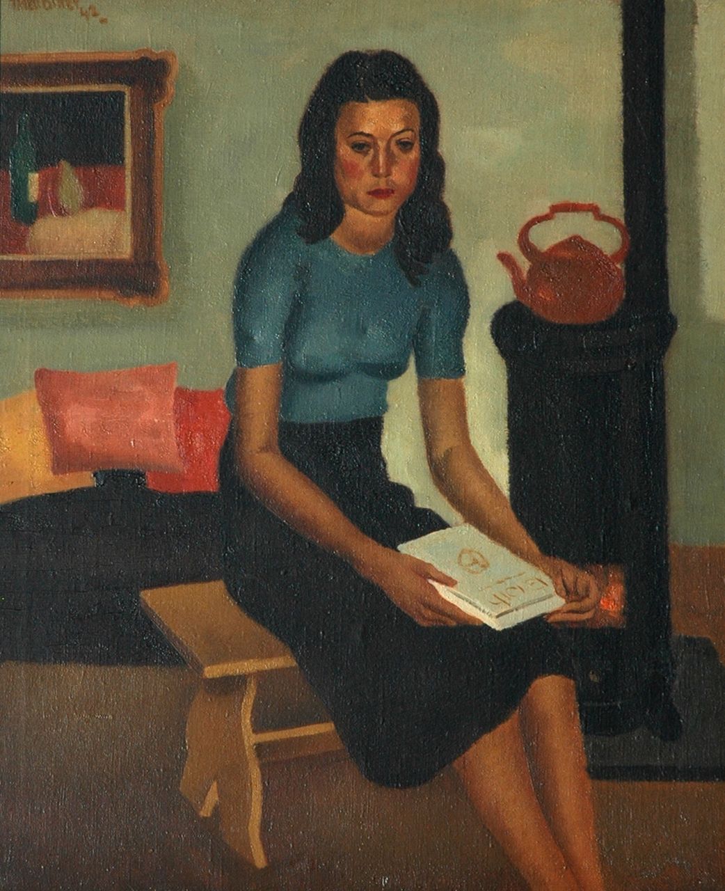 Bitter T. | Theodorus 'Theo' Bitter, Jonge vrouw met boek, olieverf op doek 60,9 x 50,9 cm, gesigneerd linksboven en gedateerd '42 Bitter T. | Theodorus 'Theo' Bitter, Jonge vrouw met boek, olieverf op doek 60,9 x 50,9 cm, gesigneerd linksboven en gedateerd '42