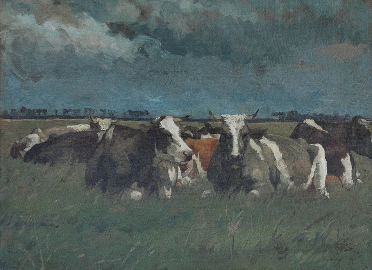 Voerman sr. J. | Jan Voerman sr., Rustend IJsselvee, olieverf op doek 30,3 x 41,3 cm, gesigneerd linksonder Voerman sr. J. | Jan Voerman sr., Rustend IJsselvee, olieverf op doek 30,3 x 41,3 cm, gesigneerd linksonder