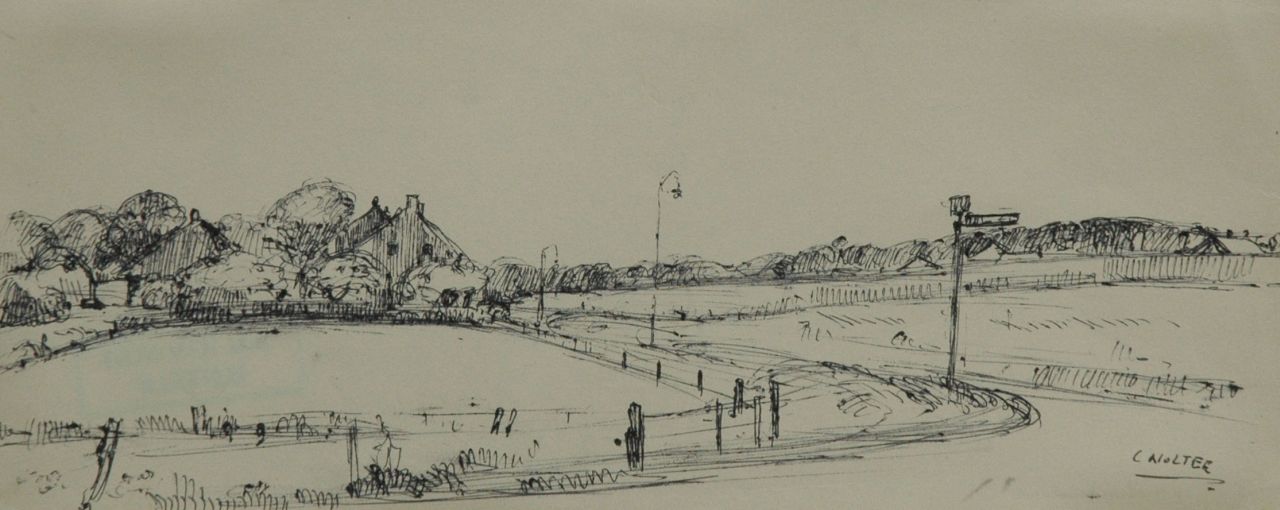 Noltee B.C.  | Bernardus Cornelis 'Cor' Noltee, Landschap met boerderij, pen en inkt op papier 12,4 x 30,1 cm, gesigneerd rechtsonder