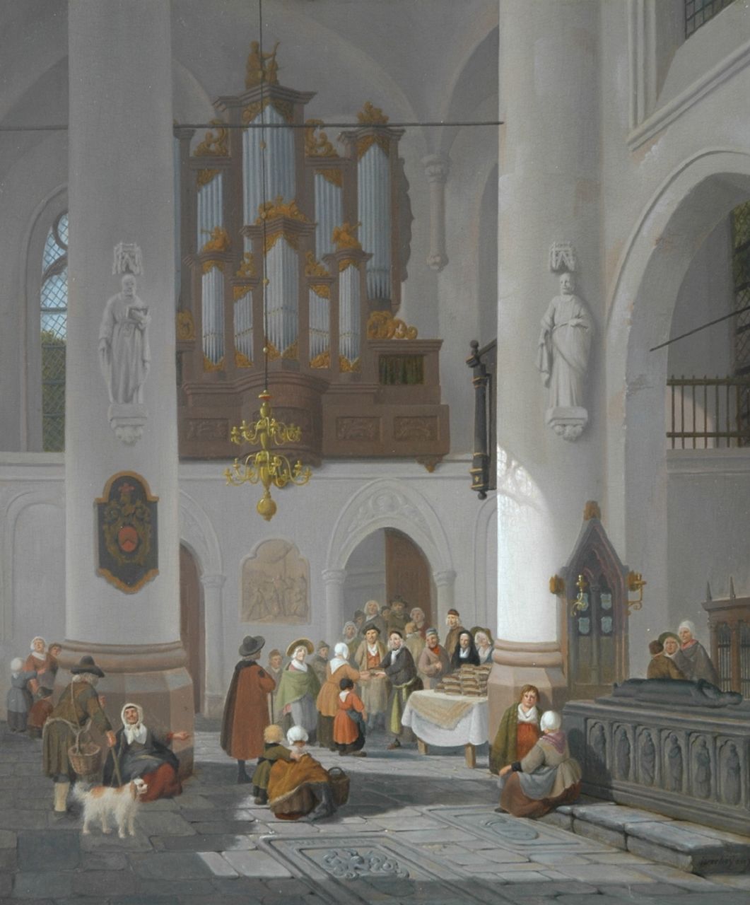 Verheijen J.H.  | Jan Hendrik Verheijen, Kerkinterieur met brooduitdeling aan de armen, olieverf op paneel 40,8 x 34,0 cm, gesigneerd rechtsonder