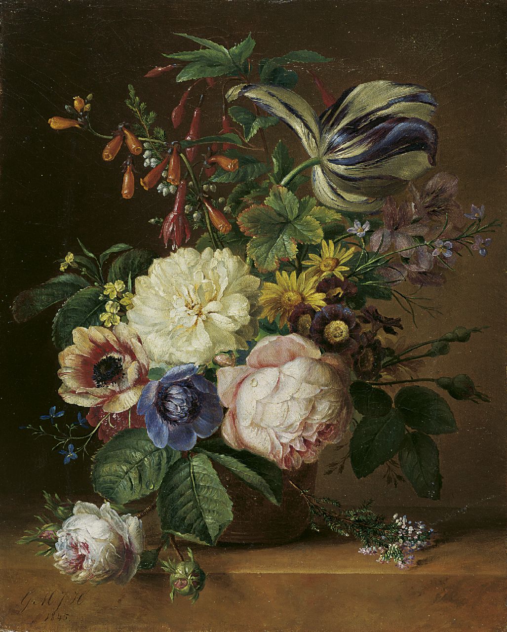 Huidekoper G.M.J. | Geertruida Margaretha Jacoba Huidekoper, Pronkstilleven met rozen, tulpen en anemonen, olieverf op doek 37,5 x 30,5 cm, gesigneerd linksonder met initialen en gedateerd 1845 Huidekoper G.M.J. | Geertruida Margaretha Jacoba Huidekoper, Pronkstilleven met rozen, tulpen en anemonen, olieverf op doek 37,5 x 30,5 cm, gesigneerd linksonder met initialen en gedateerd 1845
