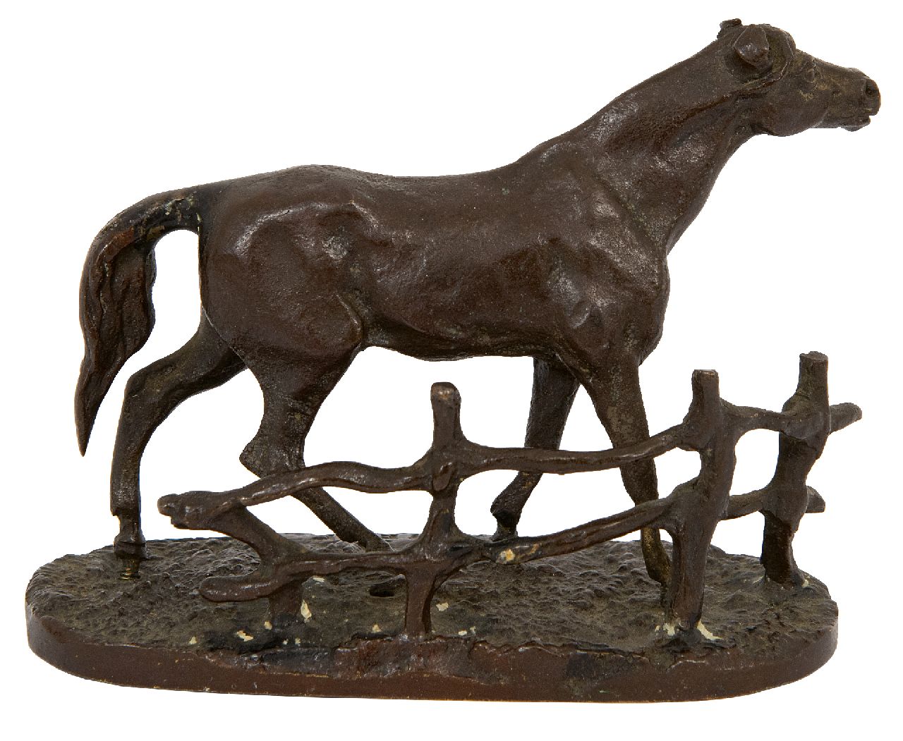 Mène P.J. | Pierre Jules Mène | Beelden en objecten te koop aangeboden | Paard bij een hek, brons 6,9 x 8,4 cm, gesigneerd met naamstempel op basis Mène P.J. | Pierre Jules Mène | Beelden en objecten te koop aangeboden | Paard bij een hek, brons 6,9 x 8,4 cm, gesigneerd met naamstempel op basis