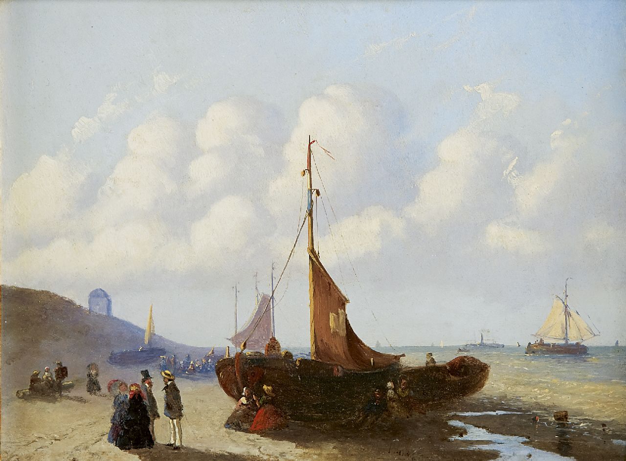 Bles J. | Joseph Bles, Vissers en mondaine wandelaars op het strand van Scheveningen, olieverf op paneel 19,2 x 26,0 cm, gesigneerd rechts van het midden. Bles J. | Joseph Bles, Vissers en mondaine wandelaars op het strand van Scheveningen, olieverf op paneel 19,2 x 26,0 cm, gesigneerd rechts van het midden.