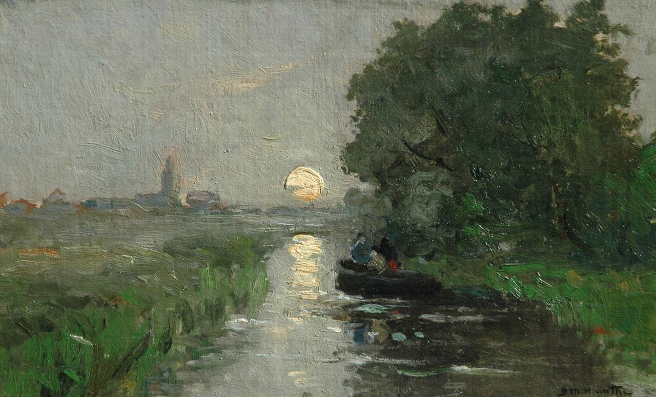 Munthe G.A.L.  | Gerhard Arij Ludwig 'Morgenstjerne' Munthe, Gezicht op de Vliet met de Laurentiustoren te Rijnsburg op de achtergrond, olieverf op doek op board 26,3 x 42,0 cm, gesigneerd rechtsonder