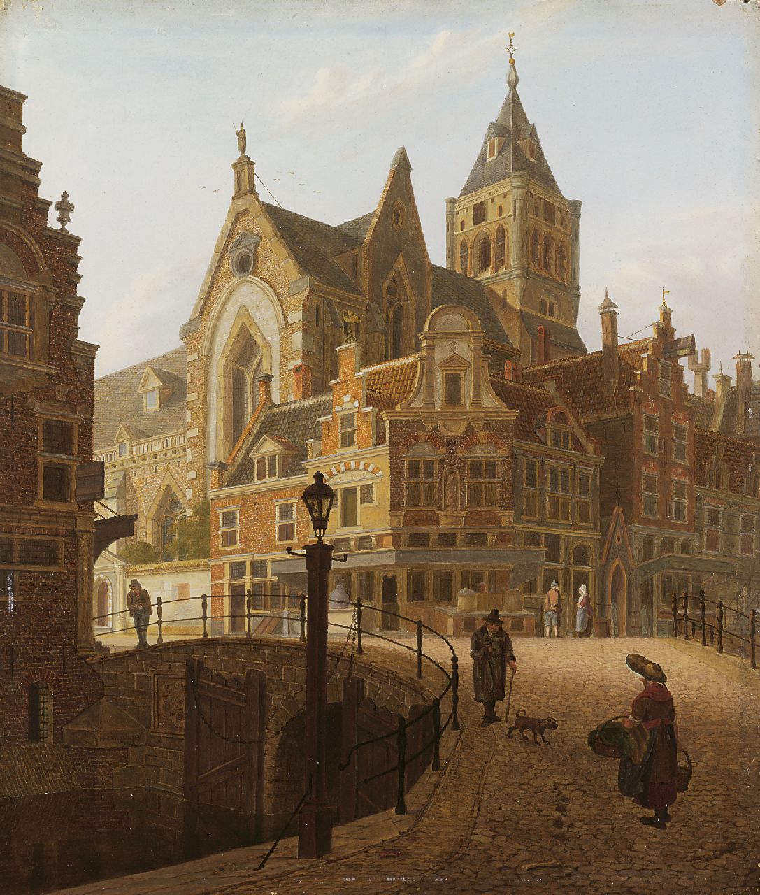 Verheijen J.H. | Jan Hendrik Verheijen, Stadsgezicht met wandelaars op een brug, olieverf op paneel 24,2 x 20,9 cm, gesigneerd linksonder en gedateerd 1813 Verheijen J.H. | Jan Hendrik Verheijen, Stadsgezicht met wandelaars op een brug, olieverf op paneel 24,2 x 20,9 cm, gesigneerd linksonder en gedateerd 1813