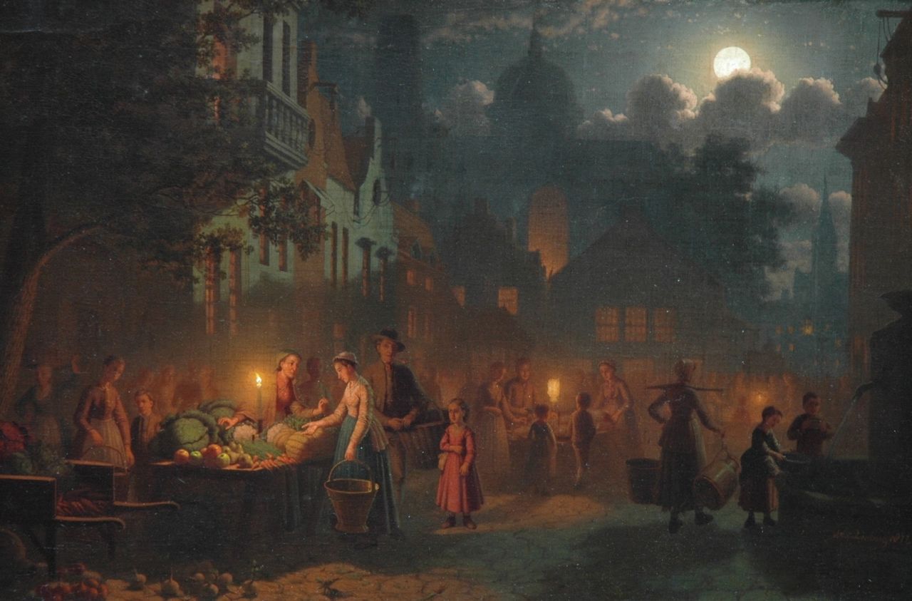 Culverhouse J.M. | Johan Mengels Culverhouse, Avondmarkt, olieverf op doek 40,3 x 60,2 cm, gesigneerd rechtsonder en gedateerd 1877 Culverhouse J.M. | Johan Mengels Culverhouse, Avondmarkt, olieverf op doek 40,3 x 60,2 cm, gesigneerd rechtsonder en gedateerd 1877