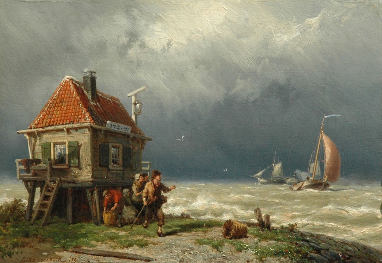 Koekkoek J.H.B.  | Johannes Hermanus Barend 'Jan H.B.' Koekkoek, Figuren bij een veerhuisje, olieverf op paneel 24,6 x 35,1 cm, gesigneerd linksonder en gedateerd '79