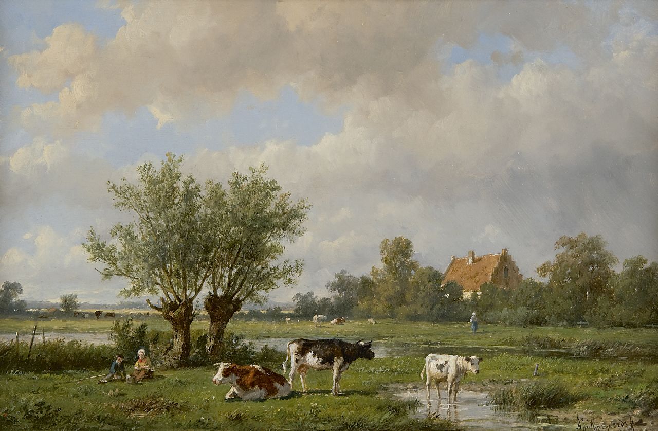 Wijngaerdt A.J. van | Anthonie Jacobus van Wijngaerdt, Weidelandschap met koeherders en vee, olieverf op paneel 23,6 x 36,6 cm, gesigneerd rechtsonder Wijngaerdt A.J. van | Anthonie Jacobus van Wijngaerdt, Weidelandschap met koeherders en vee, olieverf op paneel 23,6 x 36,6 cm, gesigneerd rechtsonder