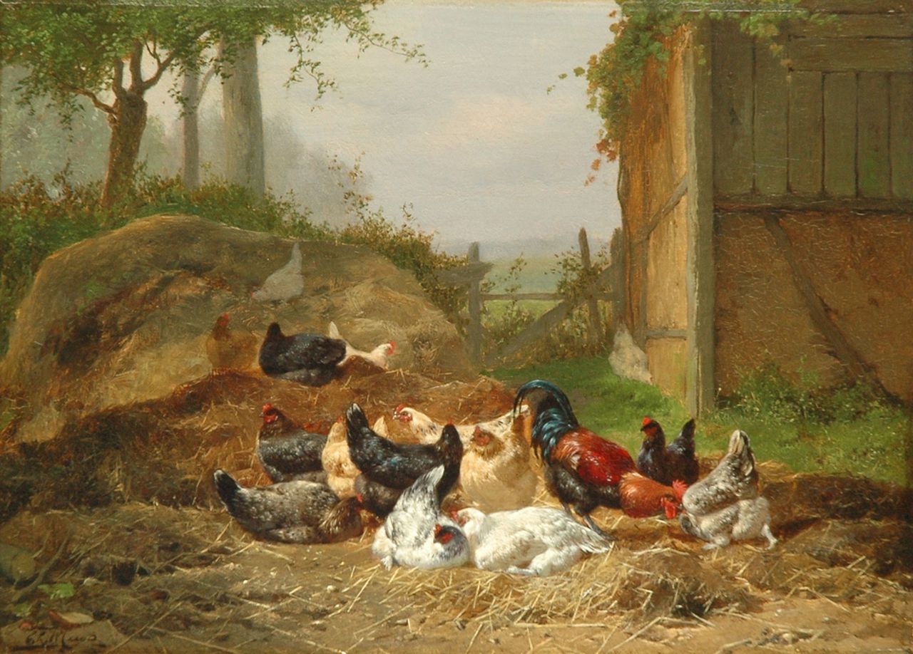 Maes E.R. | Eugène Remy Maes, Haan met kippen in het hooi (alleen tezamen met winter), olieverf op paneel 26,5 x 36,0 cm, gesigneerd linksonder Maes E.R. | Eugène Remy Maes, Haan met kippen in het hooi (alleen tezamen met winter), olieverf op paneel 26,5 x 36,0 cm, gesigneerd linksonder