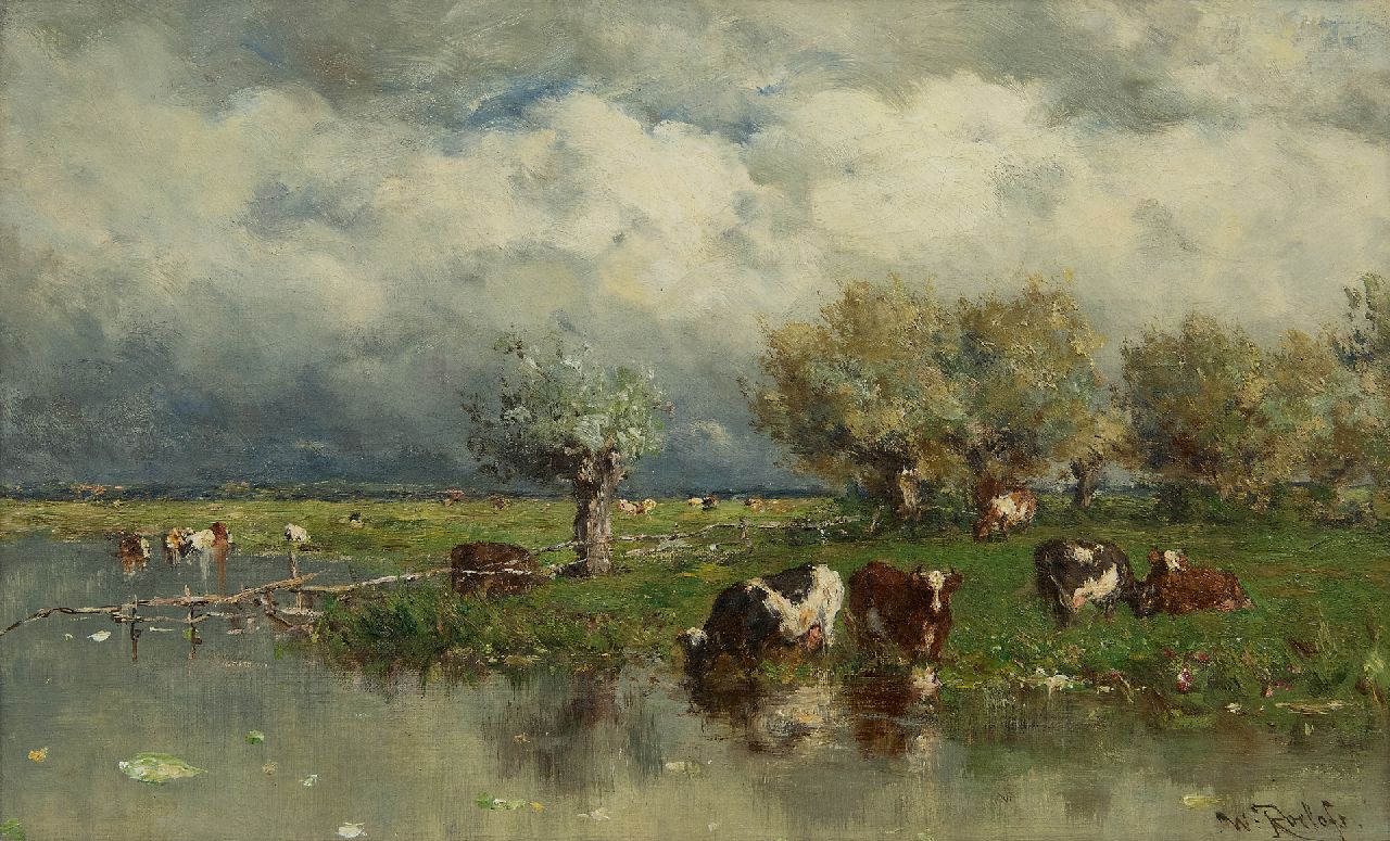 Roelofs W. | Willem Roelofs, Polderlandschap met wadende koeien, olieverf op doek 24,2 x 38,9 cm, gesigneerd rechtsonder en te dateren ca. 1880 Roelofs W. | Willem Roelofs, Polderlandschap met wadende koeien, olieverf op doek 24,2 x 38,9 cm, gesigneerd rechtsonder en te dateren ca. 1880