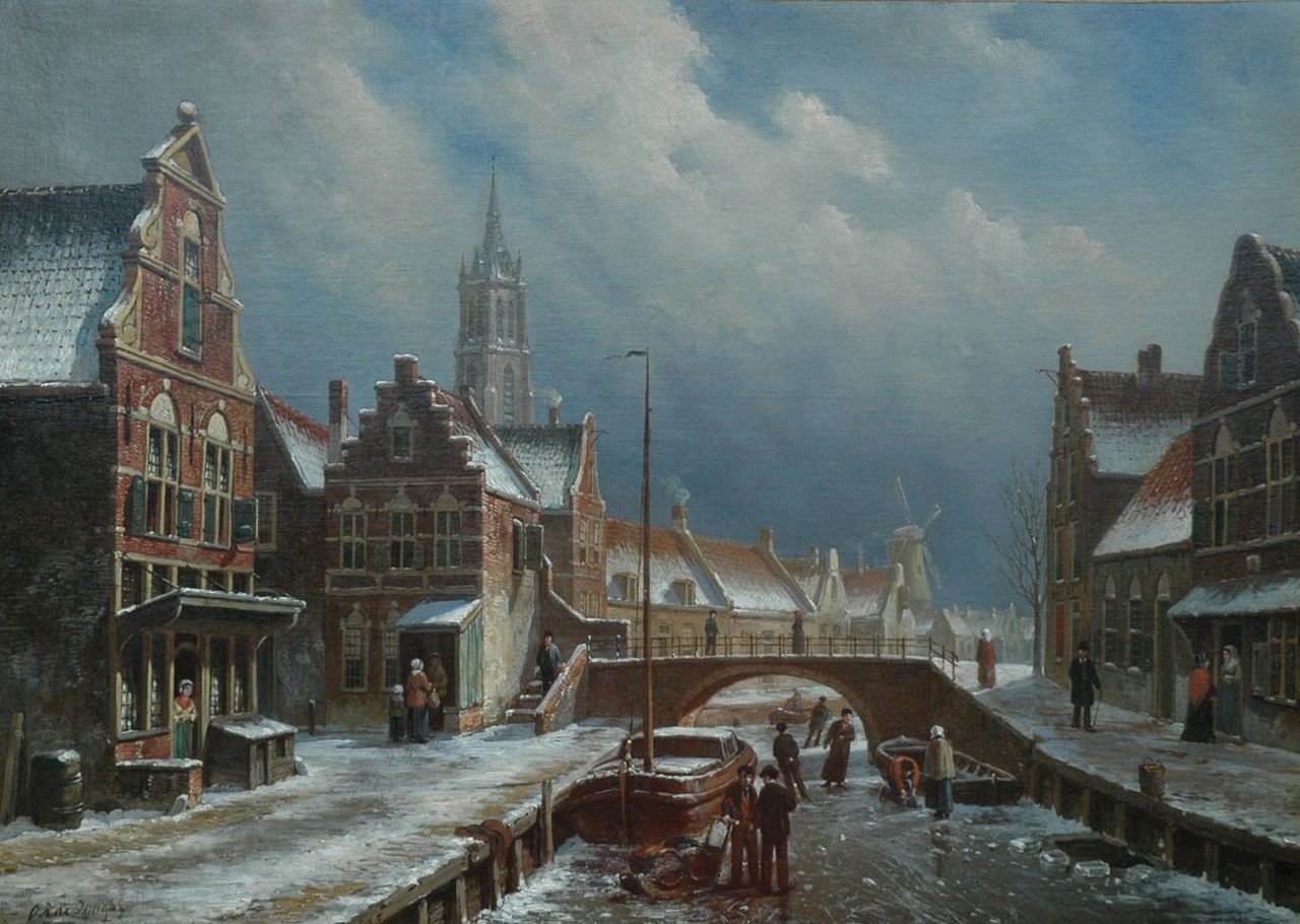 Jongh O.R. de | Oene Romkes de Jongh, Winters stadsgezicht met schaatsers, olieverf op doek 49,9 x 70,0 cm, gesigneerd linksonder