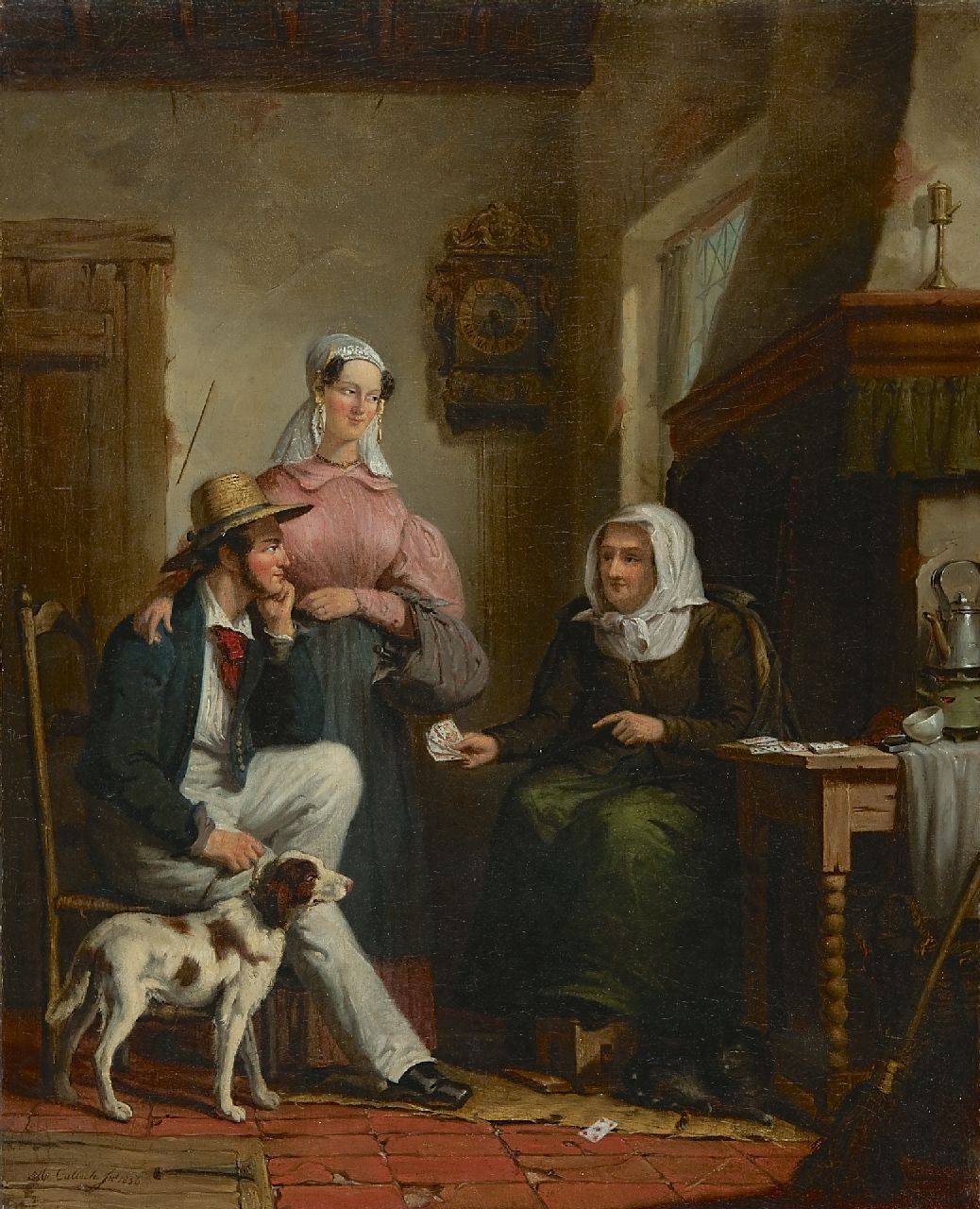 Calisch M. | Moritz Calisch, Bij de waarzegster, olieverf op doek 53,3 x 43,5 cm, gesigneerd linksonder en gedateerd 1856 Calisch M. | Moritz Calisch, Bij de waarzegster, olieverf op doek 53,3 x 43,5 cm, gesigneerd linksonder en gedateerd 1856