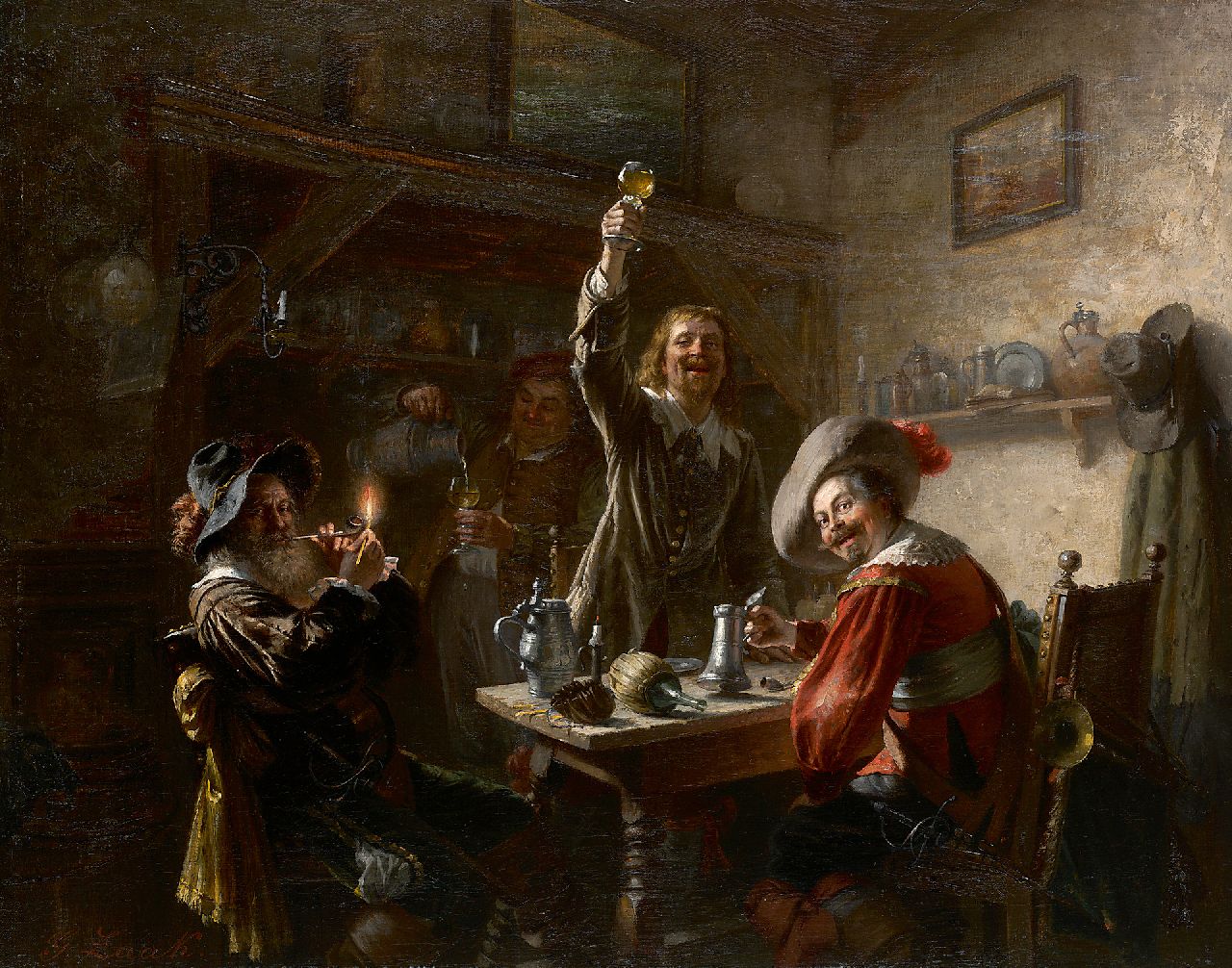 Zaak G. | Gustav Zaak, De vrolijke drinkers, olieverf op doek 55,5 x 68,0 cm, gesigneerd linksonder Zaak G. | Gustav Zaak, De vrolijke drinkers, olieverf op doek 55,5 x 68,0 cm, gesigneerd linksonder