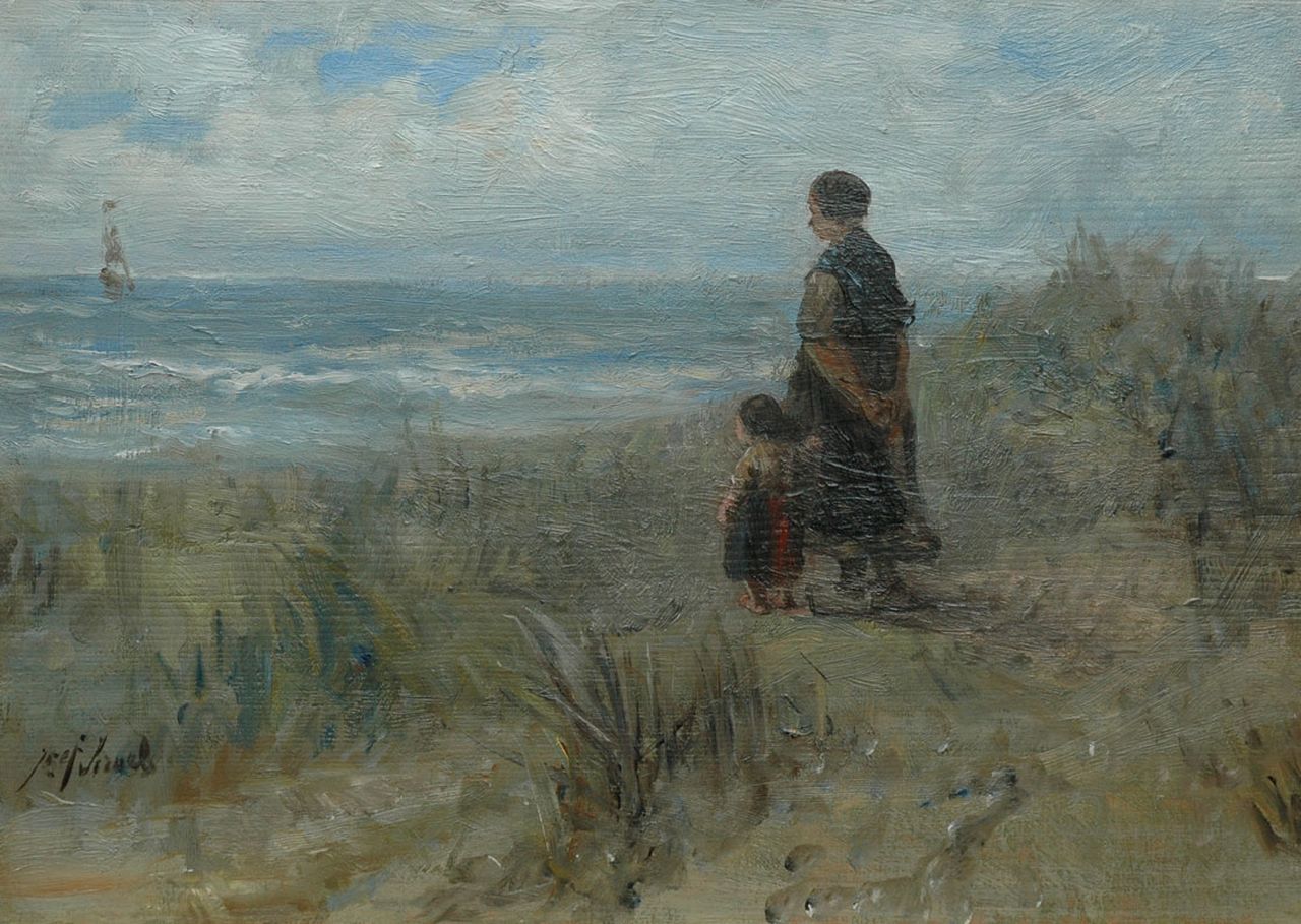 Israëls J.  | Jozef Israëls, Op de uitkijk, olieverf op paneel 27,2 x 38,7 cm, gesigneerd linksonder