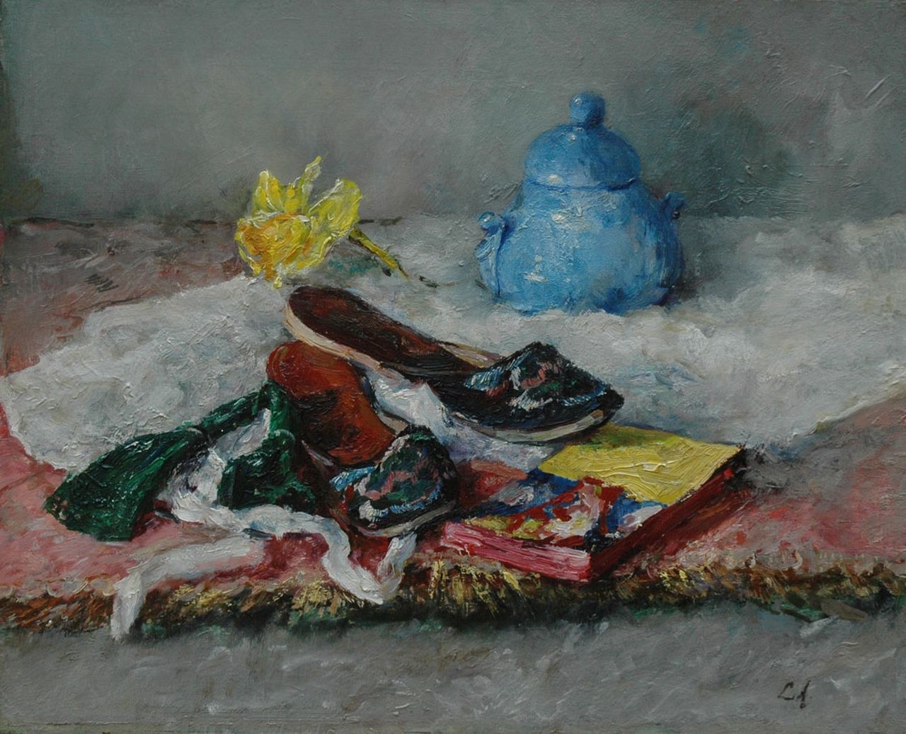 Ansingh M.E.G. | Maria Elisabeth Georgina 'Lizzy' Ansingh, Stilleven met oosterse muiltjes, olieverf op doek 40,5 x 50,5 cm, gesigneerd rechtsonder met initialen Ansingh M.E.G. | Maria Elisabeth Georgina 'Lizzy' Ansingh, Stilleven met oosterse muiltjes, olieverf op doek 40,5 x 50,5 cm, gesigneerd rechtsonder met initialen
