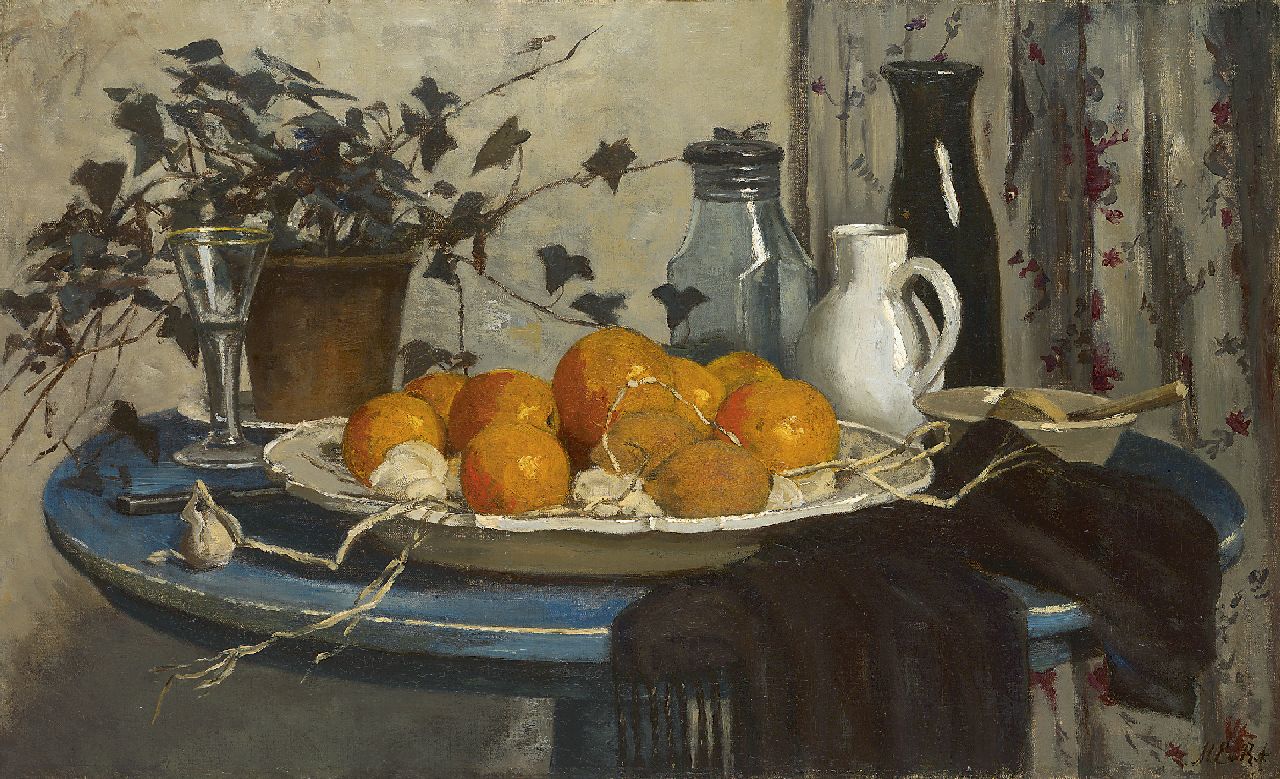 Regteren Altena M.E. van | 'Marie' Engelina van Regteren Altena, Stilleven met sinaasappels op blauwe tafel, olieverf op doek 48,3 x 78,3 cm, gesigneerd rechtsonder met initialen en voluit op spieraam Regteren Altena M.E. van | 'Marie' Engelina van Regteren Altena, Stilleven met sinaasappels op blauwe tafel, olieverf op doek 48,3 x 78,3 cm, gesigneerd rechtsonder met initialen en voluit op spieraam