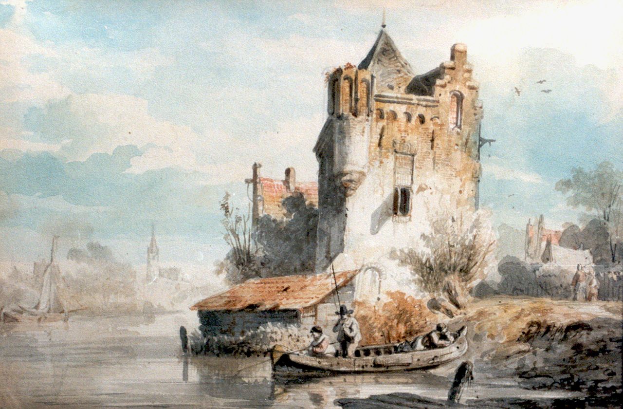 Springer C. | Cornelis Springer, Voorstudie Donjon 1844, aquarel op papier 14,0 x 19,0 cm, gesigneerd achterzijde en gedateerd 1844 Springer C. | Cornelis Springer, Voorstudie Donjon 1844, aquarel op papier 14,0 x 19,0 cm, gesigneerd achterzijde en gedateerd 1844