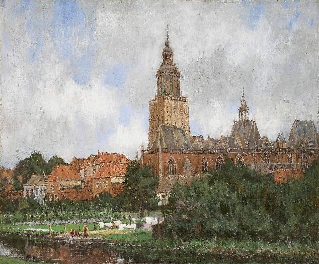 Gorter A.M. | 'Arnold' Marc Gorter, Gezicht op Zutphen met de Moddergracht en de St. Walburgiskerk, olieverf op doek 46,5 x 56,5 cm, gesigneerd rechtsonder Gorter A.M. | 'Arnold' Marc Gorter, Gezicht op Zutphen met de Moddergracht en de St. Walburgiskerk, olieverf op doek 46,5 x 56,5 cm, gesigneerd rechtsonder