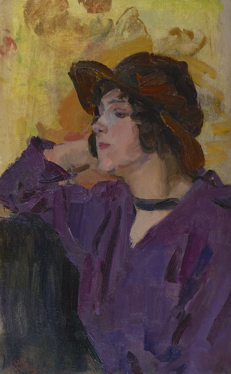 Israels I.L. | 'Isaac' Lazarus Israels, Vrouw in paarse blouse voor Zonnebloemen van Van Gogh, olieverf op doek 65,1 x 40,5 cm, gesigneerd linksonder en te dateren ca. 1917 Israels I.L. | 'Isaac' Lazarus Israels, Vrouw in paarse blouse voor Zonnebloemen van Van Gogh, olieverf op doek 65,1 x 40,5 cm, gesigneerd linksonder en te dateren ca. 1917