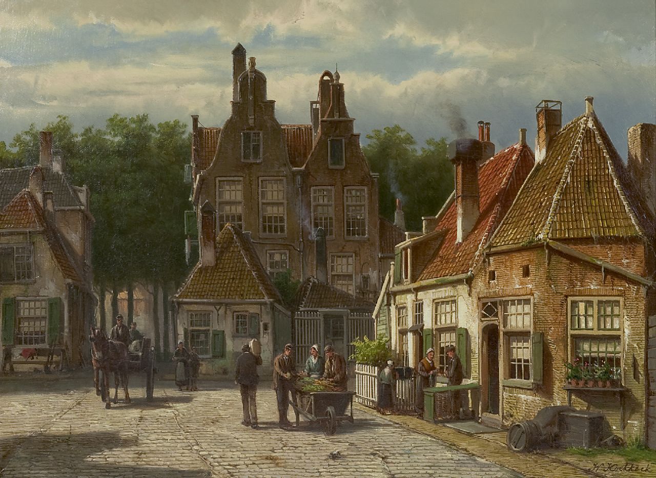 Koekkoek W.  | Willem Koekkoek, Dorpsbewoners op een zonnig plein, olieverf op doek 44,5 x 60,7 cm, gesigneerd rechtsonder