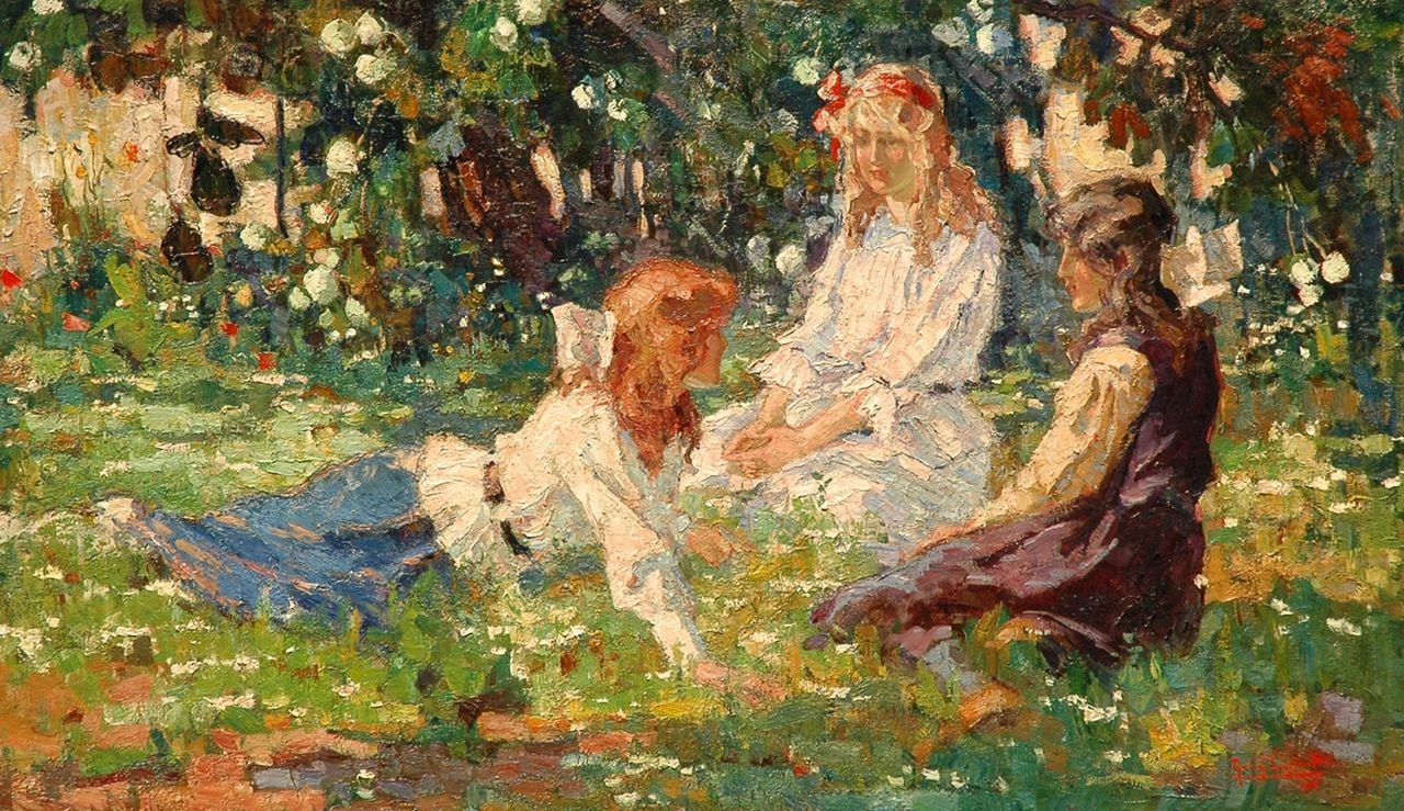 Graafland R.A.A.J.  | Robert Archibald Antonius Joan 'Rob' Graafland, Zomerweelde: drie meisjes in de tuin, olieverf op doek 105,1 x 180,1 cm, gesigneerd rechtsonder en gedateerd 1918; verkocht
