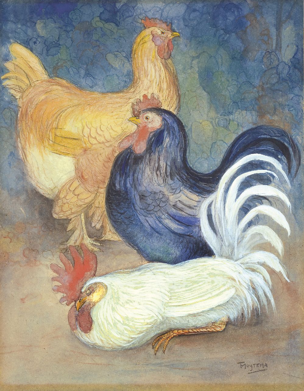 Hoytema Th. van | Theodorus 'Theo' van Hoytema, Kippen en haan, krijt en gouache op karton 49,7 x 38,7 cm, gesigneerd rechtsonder en te dateren ca. 1898 Hoytema Th. van | Theodorus 'Theo' van Hoytema, Kippen en haan, krijt en gouache op karton 49,7 x 38,7 cm, gesigneerd rechtsonder en te dateren ca. 1898