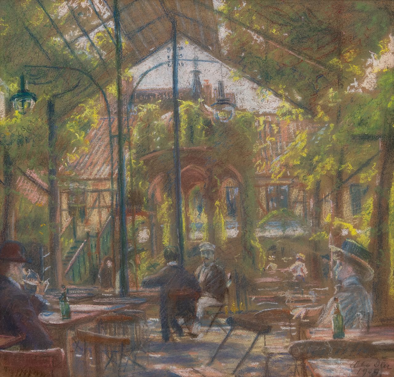 Due O.W.S.  | Ole Wolhardt Stampe Due | Aquarellen en tekeningen te koop aangeboden | Tuincafé in Kopenhagen, pastel op papier 49,3 x 55,0 cm, gesigneerd rechtsonder en gedateerd 1909