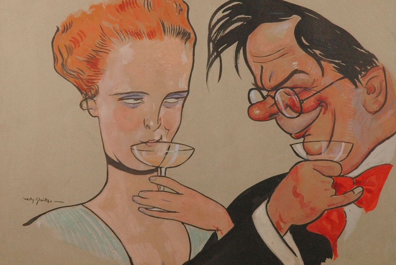 Sluiter J.W. | Jan Willem 'Willy' Sluiter, Champagnetoast: dirigent Kees Dopper en Ellie Bysterus-Heemskerk, gouache op papier 48,7 x 68,5 cm, gesigneerd linksonder en te dateren ca. 1930 Sluiter J.W. | Jan Willem 'Willy' Sluiter, Champagnetoast: dirigent Kees Dopper en Ellie Bysterus-Heemskerk, gouache op papier 48,7 x 68,5 cm, gesigneerd linksonder en te dateren ca. 1930