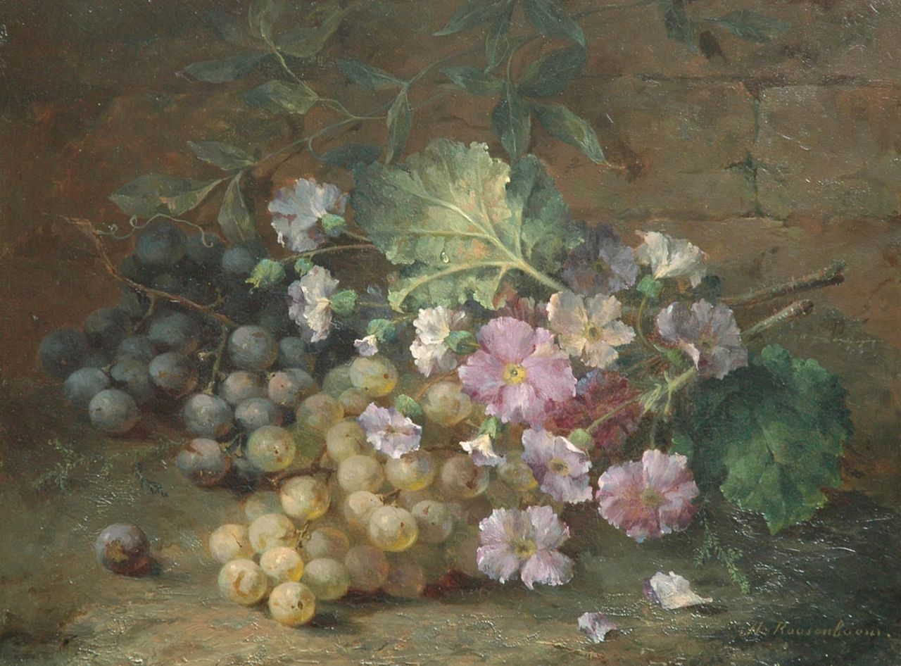Roosenboom M.C.J.W.H. | 'Margaretha' Cornelia Johanna Wilhelmina Henriëtta Roosenboom, Stilleven met primula's en druiven, olieverf op paneel 31,7 x 41,7 cm, gesigneerd rechtsonder Roosenboom M.C.J.W.H. | 'Margaretha' Cornelia Johanna Wilhelmina Henriëtta Roosenboom, Stilleven met primula's en druiven, olieverf op paneel 31,7 x 41,7 cm, gesigneerd rechtsonder