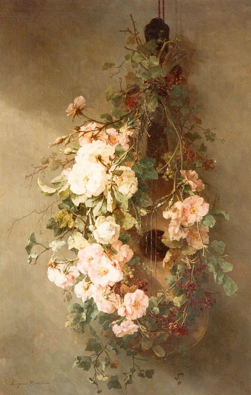 Roosenboom M.C.J.W.H.  | 'Margaretha' Cornelia Johanna Wilhelmina Henriëtta Roosenboom, Klimrozen op een Spaanse gitaar, olieverf op doek 103,0 x 68,3 cm, gesigneerd linksonder
