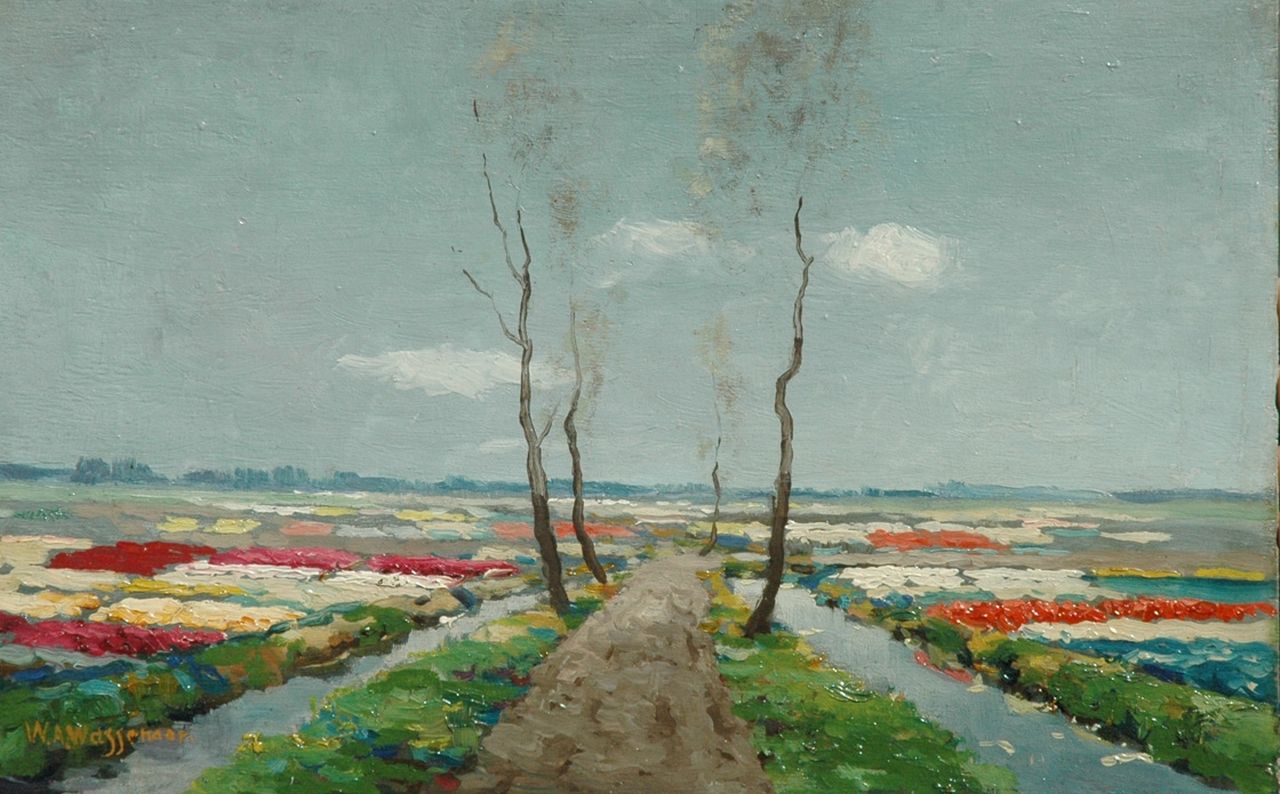 Wassenaar W.A.  | Willem Abraham Wassenaar, Bollenvelden in bloei, olieverf op paneel 25,1 x 40,0 cm, gesigneerd linksonder