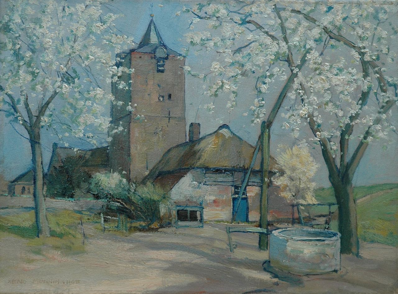 Münninghoff X.A.F.L. | 'Xeno' Augustus Franciscus Ludovicus Münninghoff, Bloesembomen bij Nederlandse Hervormde Kerk, Dodewaard, olieverf op doek 30,3 x 40,8 cm, gesigneerd linksonder Münninghoff X.A.F.L. | 'Xeno' Augustus Franciscus Ludovicus Münninghoff, Bloesembomen bij Nederlandse Hervormde Kerk, Dodewaard, olieverf op doek 30,3 x 40,8 cm, gesigneerd linksonder