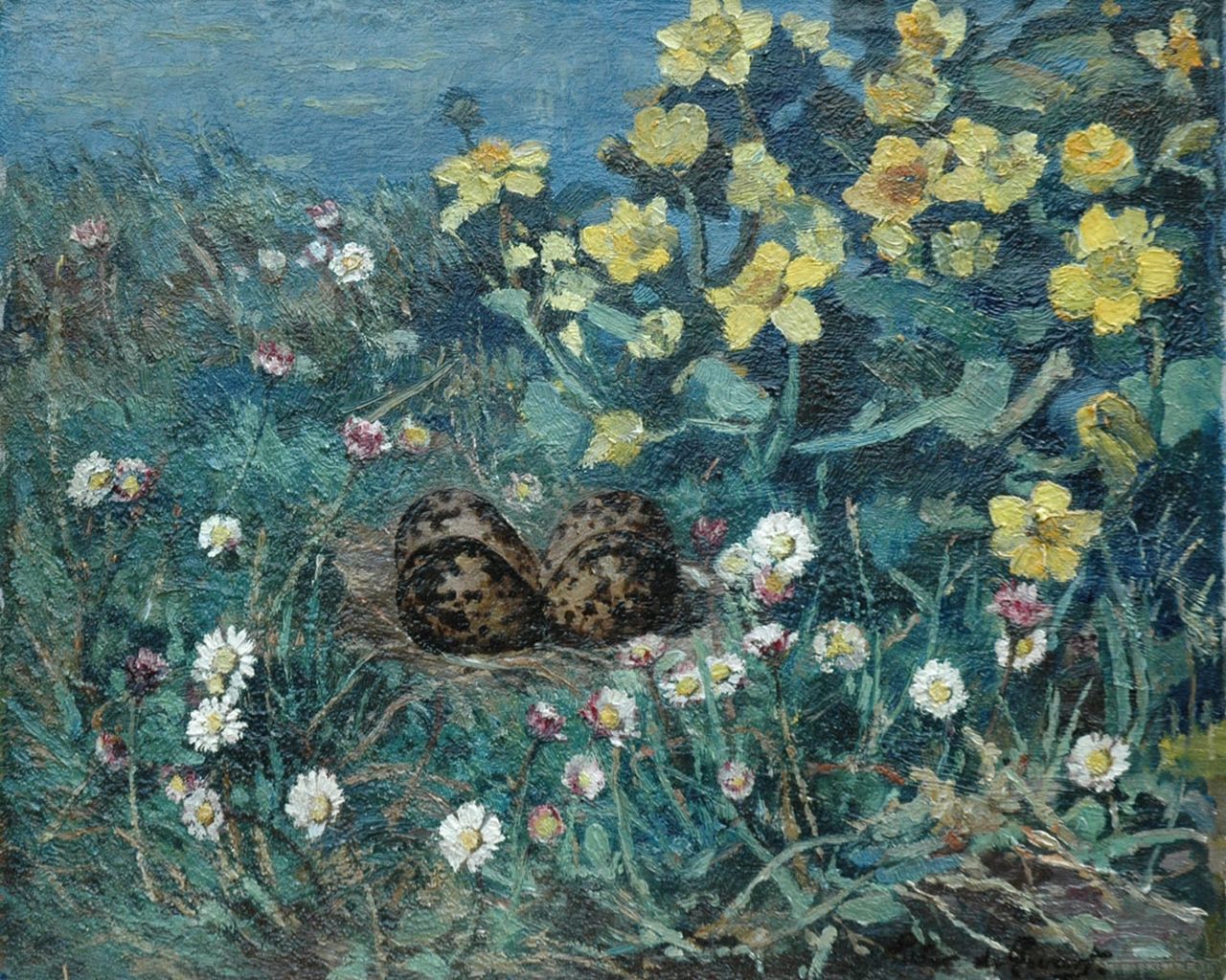 Zwart P.M.A. de | Petrus Martinus Antonius 'Pieter' de Zwart, Kievitseieren tussen de veldbloemen, boterbloemen en madeliefjes, olieverf op doek 34,5 x 42,3 cm, gesigneerd rechtsonder Zwart P.M.A. de | Petrus Martinus Antonius 'Pieter' de Zwart, Kievitseieren tussen de veldbloemen, boterbloemen en madeliefjes, olieverf op doek 34,5 x 42,3 cm, gesigneerd rechtsonder