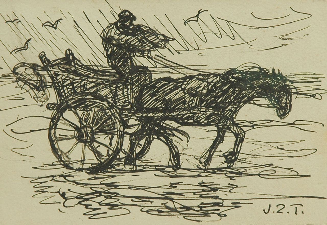 Zoetelief Tromp J. | Johannes 'Jan' Zoetelief Tromp, Schelpenvisser in de branding, Katwijk, pen en zwarte inkt op papier 12,0 x 17,6 cm, gesigneerd rechtsonder met initialen Zoetelief Tromp J. | Johannes 'Jan' Zoetelief Tromp, Schelpenvisser in de branding, Katwijk, pen en zwarte inkt op papier 12,0 x 17,6 cm, gesigneerd rechtsonder met initialen