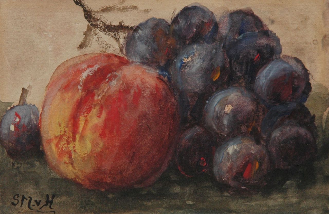Mesdag-van Houten S. | Sina 'Sientje' Mesdag-van Houten, Stilleven met perzik en druiven, aquarel op papier 9,0 x 13,6 cm, gesigneerd linksonder met initialen Mesdag-van Houten S. | Sina 'Sientje' Mesdag-van Houten, Stilleven met perzik en druiven, aquarel op papier 9,0 x 13,6 cm, gesigneerd linksonder met initialen