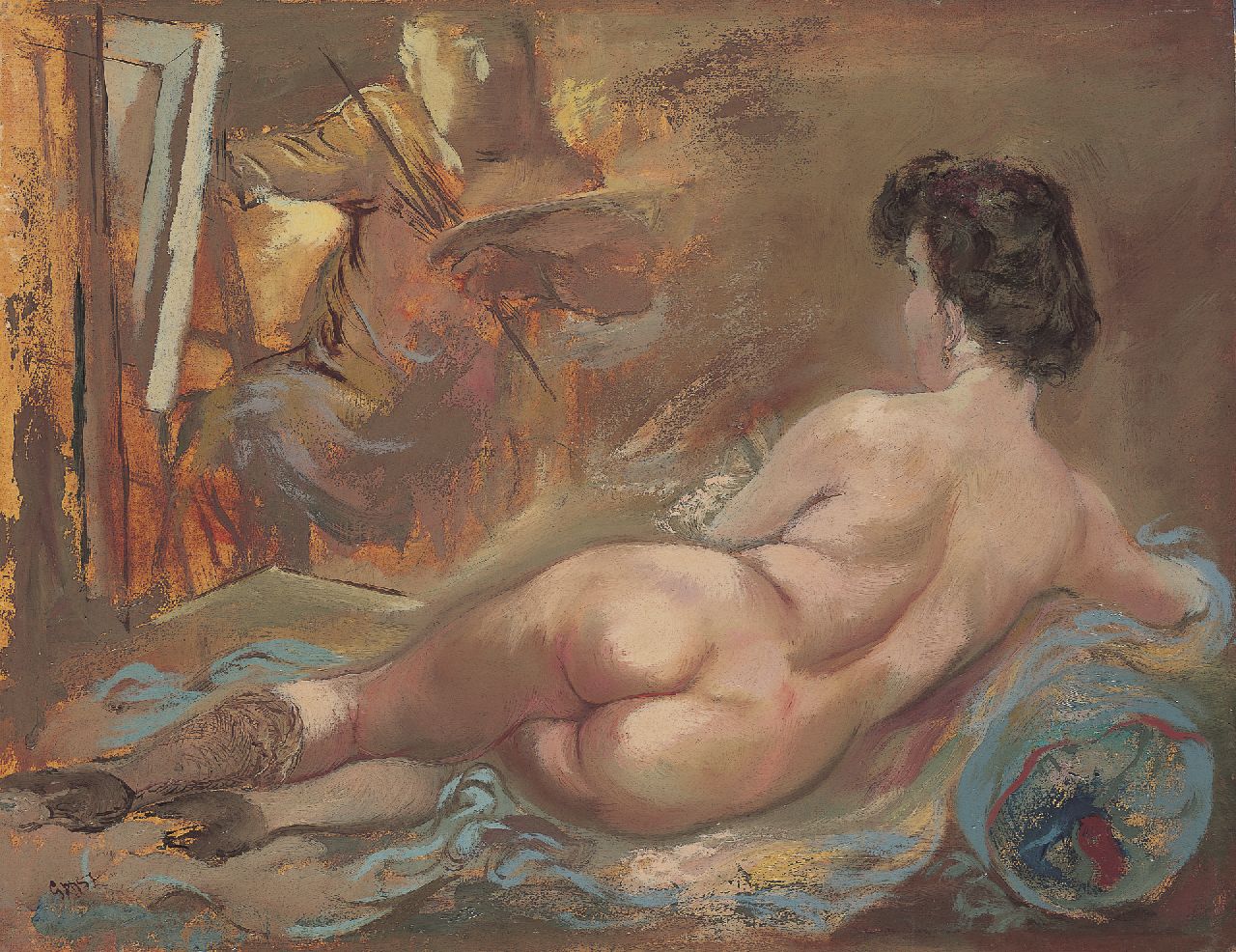 Grosz G. | George 'Georg' Grosz, De schilder en zijn model, Eva Louise Peter, olieverf op papier op schildersboard 48,4 x 62,4 cm, gesigneerd linksonder en te dateren ca. 1938-1942 Grosz G. | George 'Georg' Grosz, De schilder en zijn model, Eva Louise Peter, olieverf op papier op schildersboard 48,4 x 62,4 cm, gesigneerd linksonder en te dateren ca. 1938-1942