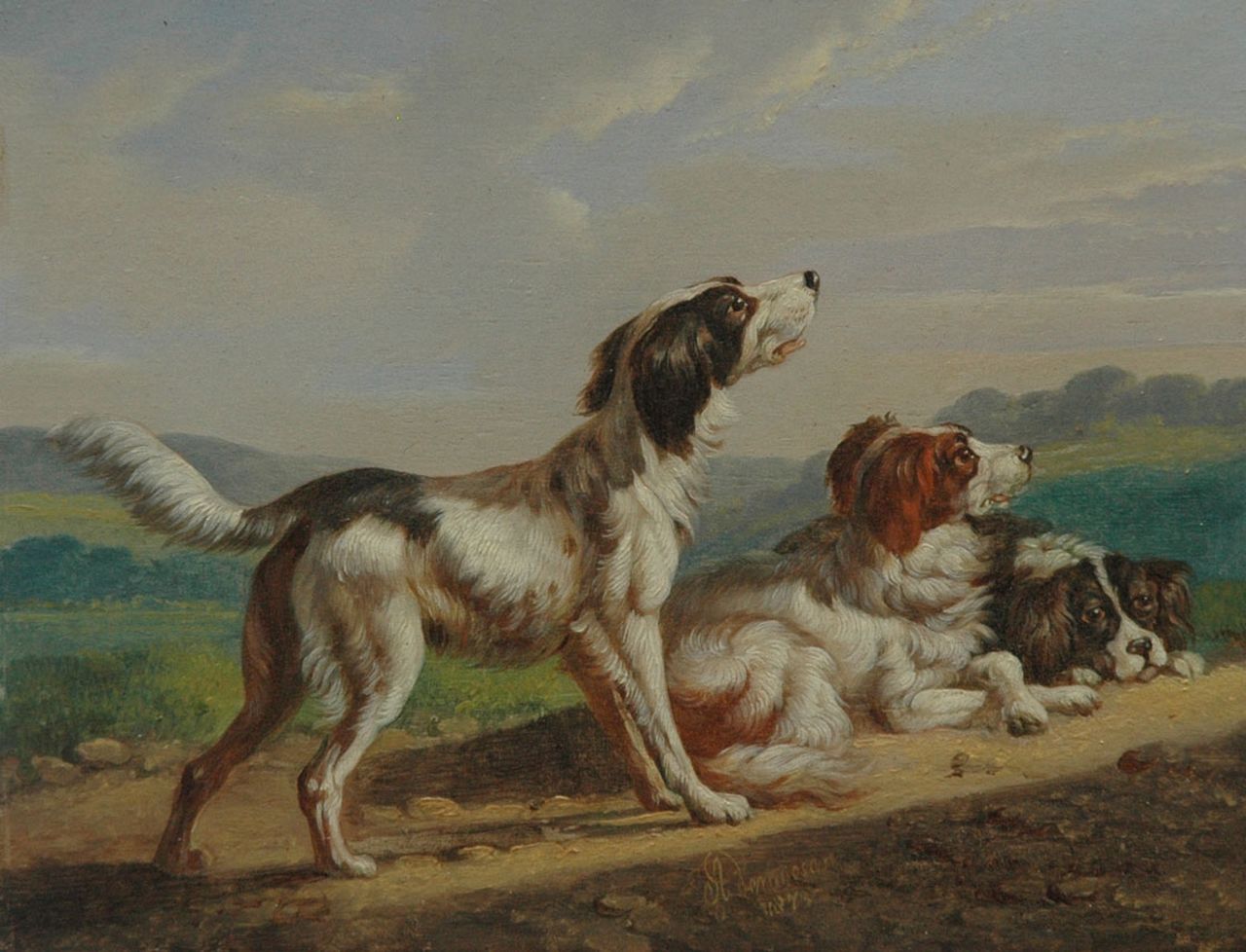 Verhoesen A. | Albertus Verhoesen, Drie setters, olieverf op paneel 13,5 x 17,4 cm, gesigneerd middenonder en gedateerd 1873 Verhoesen A. | Albertus Verhoesen, Drie setters, olieverf op paneel 13,5 x 17,4 cm, gesigneerd middenonder en gedateerd 1873