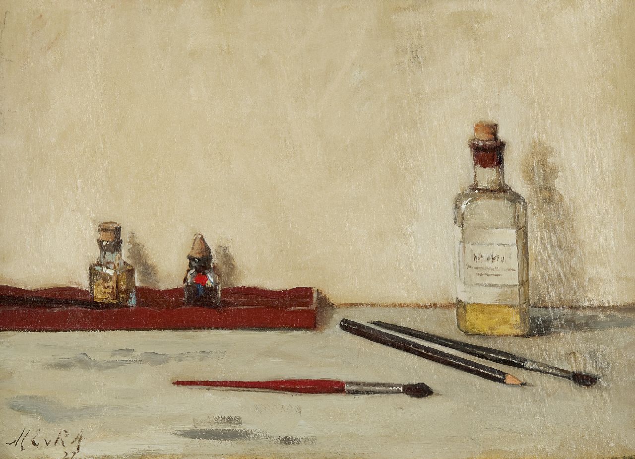 Regteren Altena M.E. van | 'Marie' Engelina van Regteren Altena, Stilleven van schildersattributen, olieverf op doek 36,1 x 52,0 cm, gesigneerd linksonder met initialen en gedateerd '27
