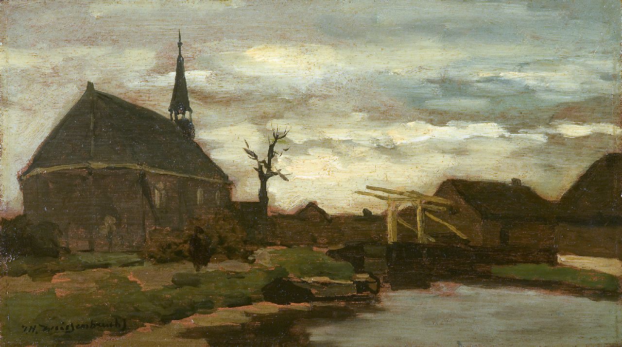Weissenbruch H.J. | Hendrik Johannes 'J.H.' Weissenbruch, Gezicht op het kerkje van Nieuwkoop, olieverf op paneel 18,1 x 31,7 cm, gesigneerd linksonder Weissenbruch H.J. | Hendrik Johannes 'J.H.' Weissenbruch, Gezicht op het kerkje van Nieuwkoop, olieverf op paneel 18,1 x 31,7 cm, gesigneerd linksonder