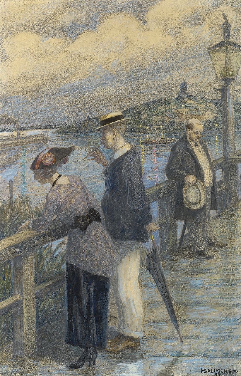 Baluschek H. | Hans Baluschek, Paartje op een brug, krijt en gouache op papier 48,5 x 33,0 cm, gesigneerd rechtsonder en gedateerd '14 Baluschek H. | Hans Baluschek, Paartje op een brug, krijt en gouache op papier 48,5 x 33,0 cm, gesigneerd rechtsonder en gedateerd '14